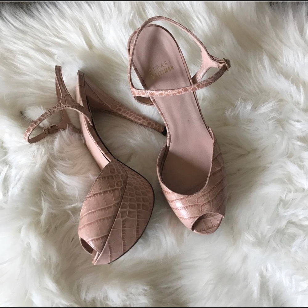 Stuart Weitzman Blush Pink Croc Embossed Peep Toe Sandals